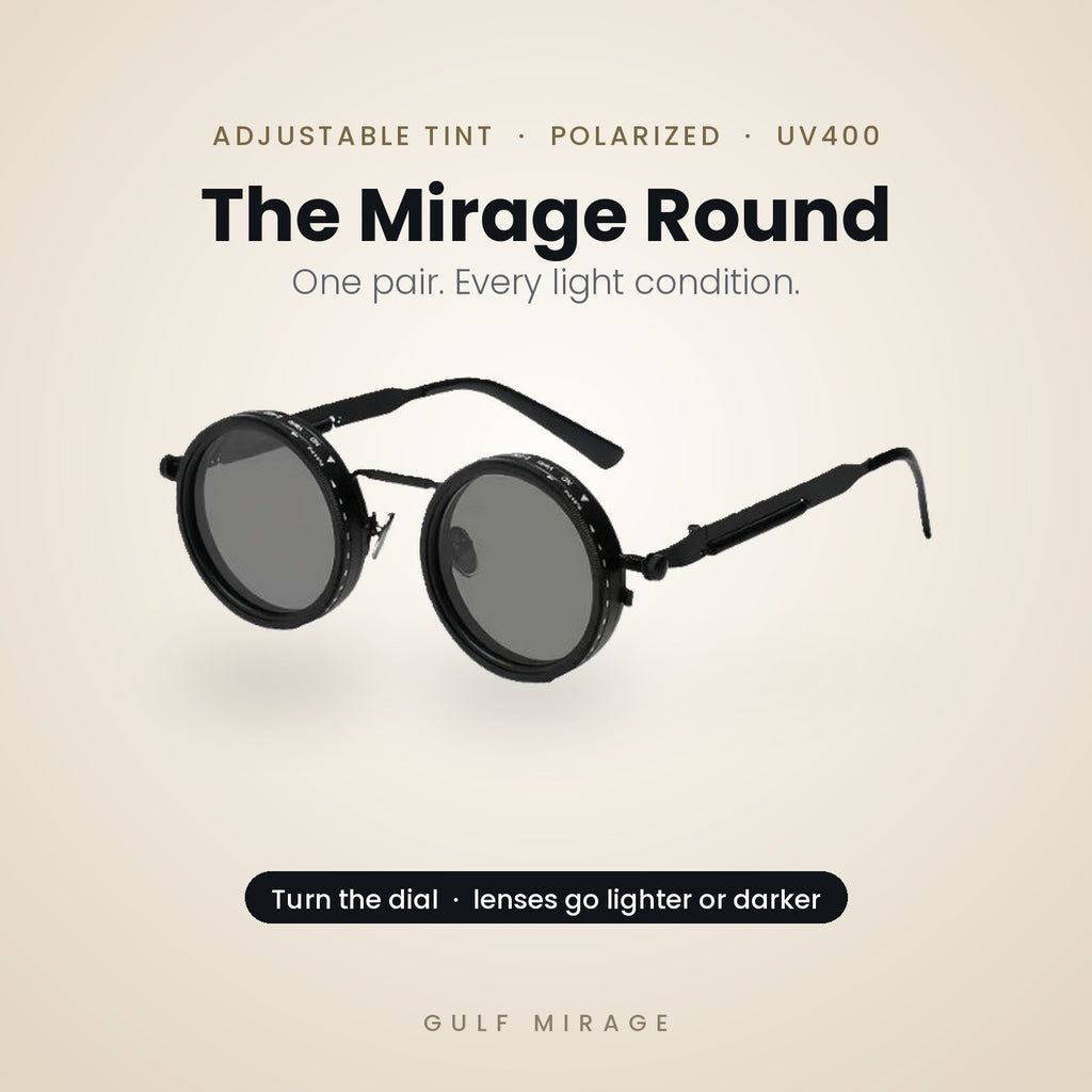 Mirage Round polarized sunglasses in black with adjustable tint dial and UV400 lenses