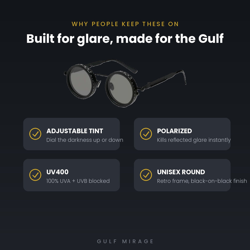 Key features: adjustable tint, polarized, UV400, unisex round frame