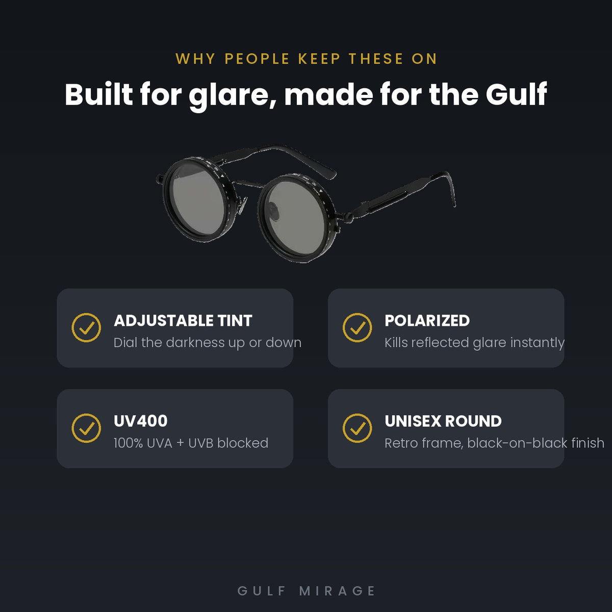 Key features: adjustable tint, polarized, UV400, unisex round frame