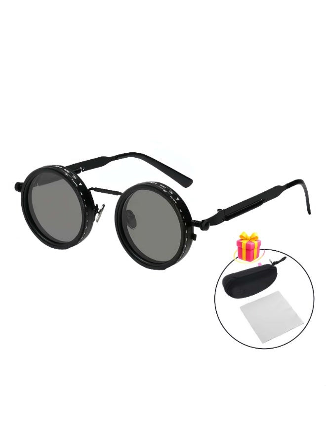 Round polarized sunglasses shown with included case and cleaning cloth