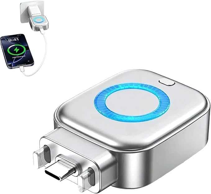 Close-up of the compact adapter with glowing blue LED ring indicator