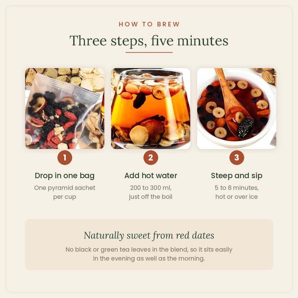 How to brew: one pyramid bag, 200 to 300 ml hot water, steep 5 to 8 minutes