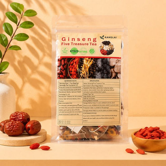 Ginseng Five Treasure Tea resealable pack of 30 pyramid tea bags with red dates and goji berries
