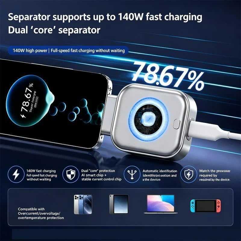 140W fast charging, automatic power cut, LED indicator, device agnostic