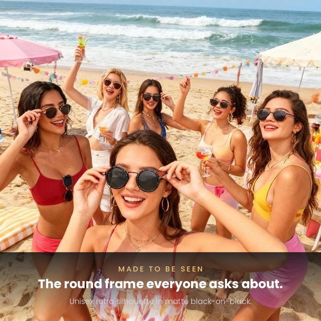 Friends on the beach wearing the Mirage Round sunglasses