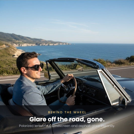 Man driving a convertible wearing the Mirage Round polarized sunglasses
